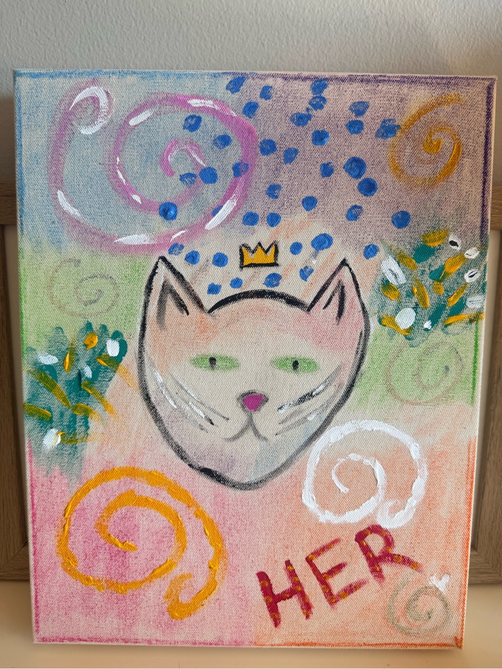 Whimsical Crowned Cat Canvas Art - Pink & Pastel